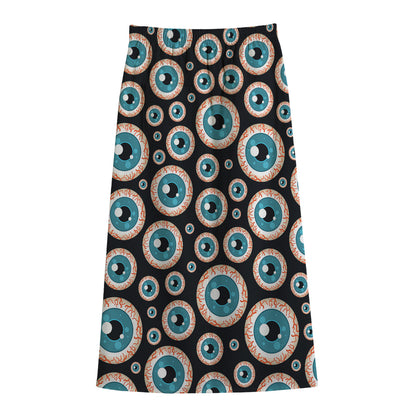 Creepy Eyeball Pattern Print Cotton Front Slit Maxi Skirt