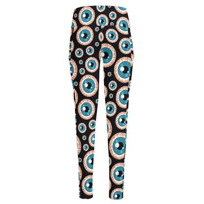 Creepy Eyeball Pattern Print High-Waisted Pocket Leggings