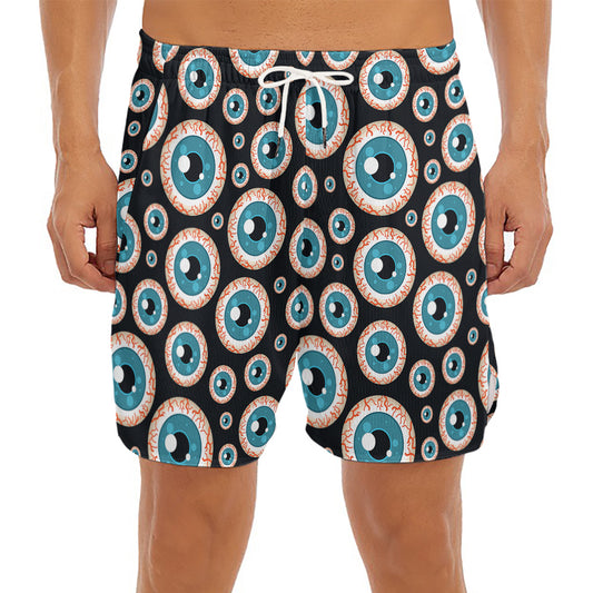 Creepy Eyeball Pattern Print Men's Split Running Shorts