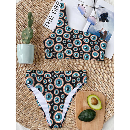 Creepy Eyeball Pattern Print One Shoulder Bikini Top