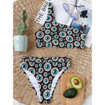Creepy Eyeball Pattern Print One Shoulder Bikini Top