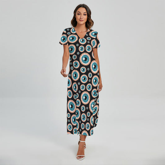 Creepy Eyeball Pattern Print Short Sleeve Maxi Dress