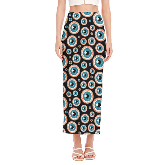 Creepy Eyeball Pattern Print Side Slit Maxi Skirt