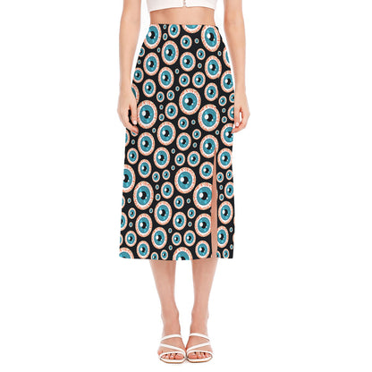 Creepy Eyeball Pattern Print Side Slit Midi Skirt
