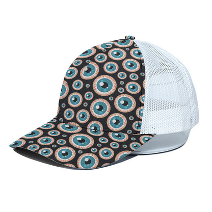 Creepy Eyeball Pattern Print White Mesh Trucker Cap