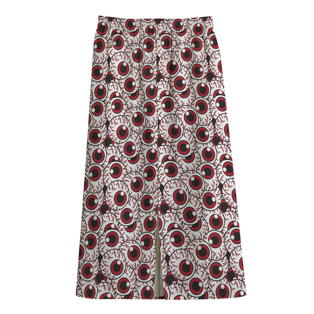 Creepy Red Eyeball Pattern Print Cotton Front Slit Maxi Skirt