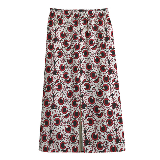 Creepy Red Eyeball Pattern Print Cotton Front Slit Maxi Skirt