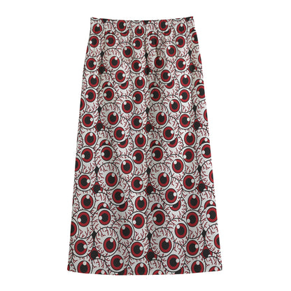 Creepy Red Eyeball Pattern Print Cotton Front Slit Maxi Skirt