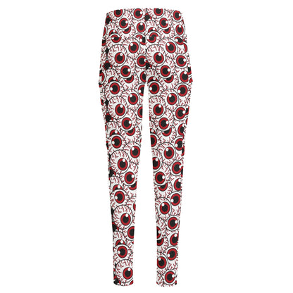 Creepy Red Eyeball Pattern Print High-Waisted Pocket Leggings