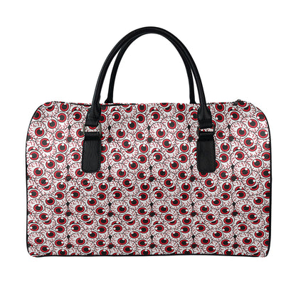 Creepy Red Eyeball Pattern Print Leather Duffle Bag