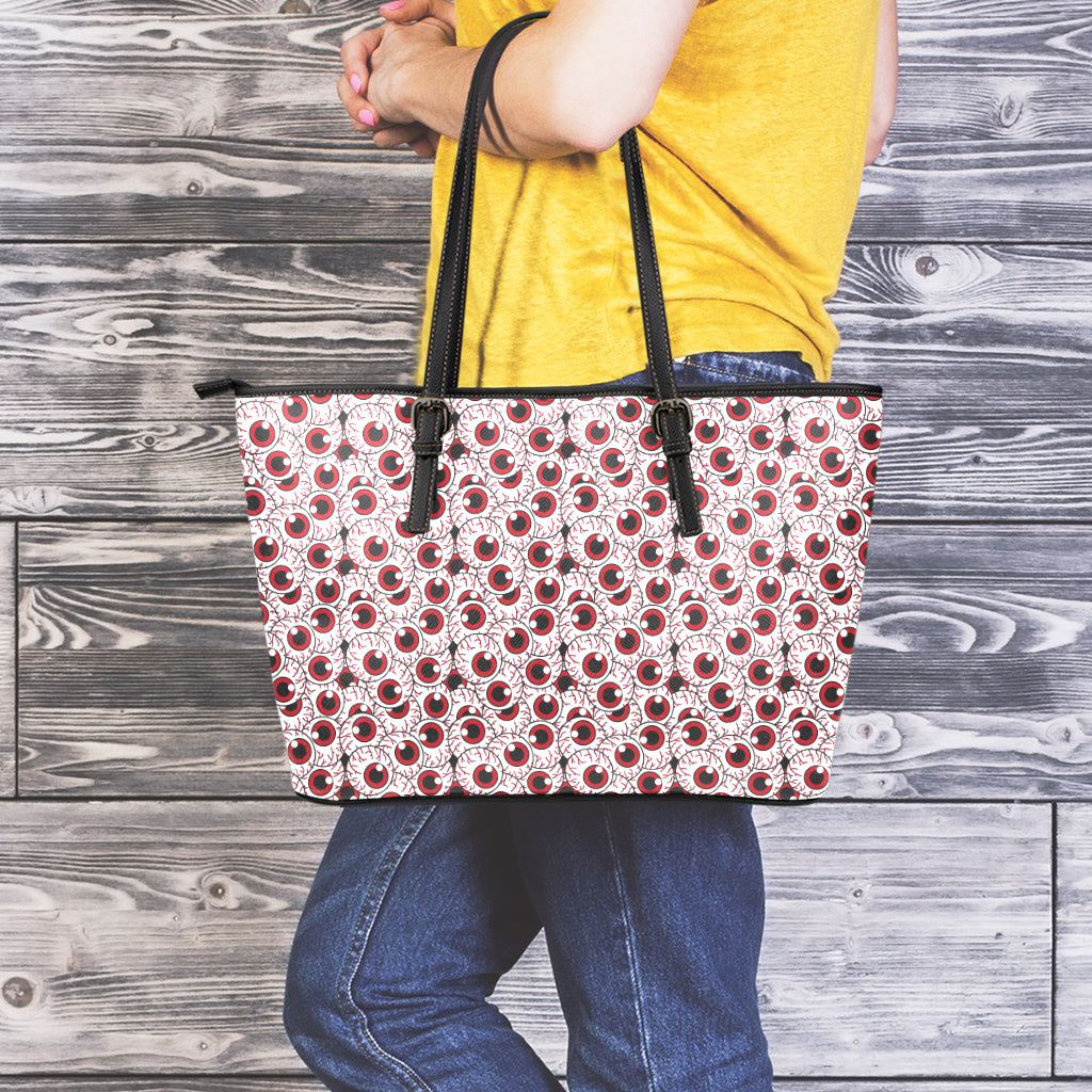 Creepy Red Eyeball Pattern Print Leather Tote Bag