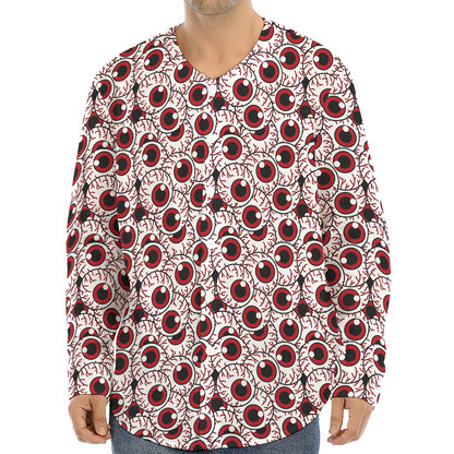 Creepy Red Eyeball Pattern Print Long Sleeve Baseball Jersey