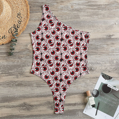 Creepy Red Eyeball Pattern Print One Shoulder Bodysuit