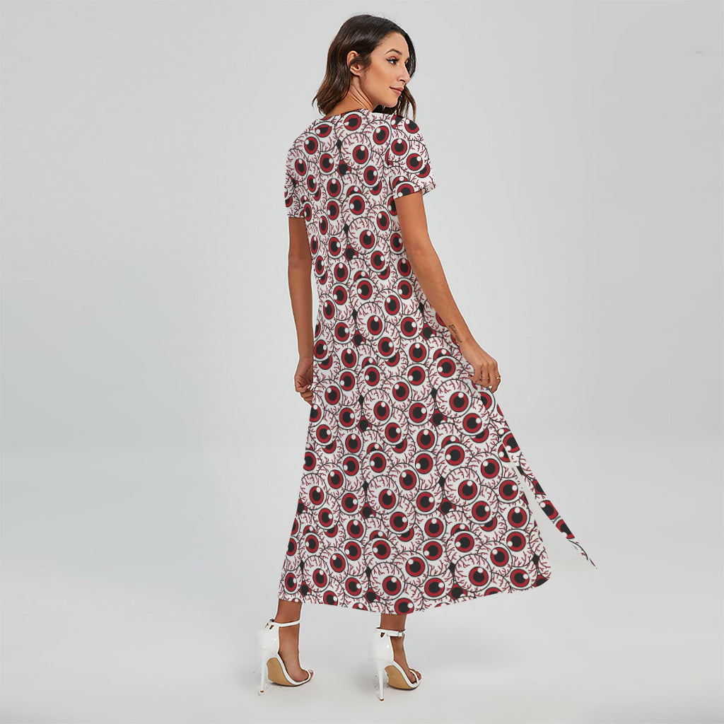 Creepy Red Eyeball Pattern Print Short Sleeve Maxi Dress