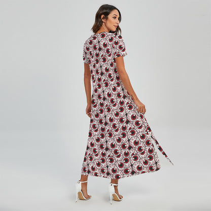 Creepy Red Eyeball Pattern Print Short Sleeve Maxi Dress