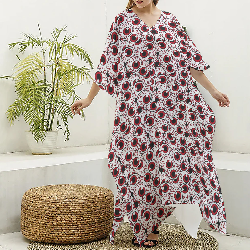 Creepy Red Eyeball Pattern Print Silk V-Neck Kaftan Dress