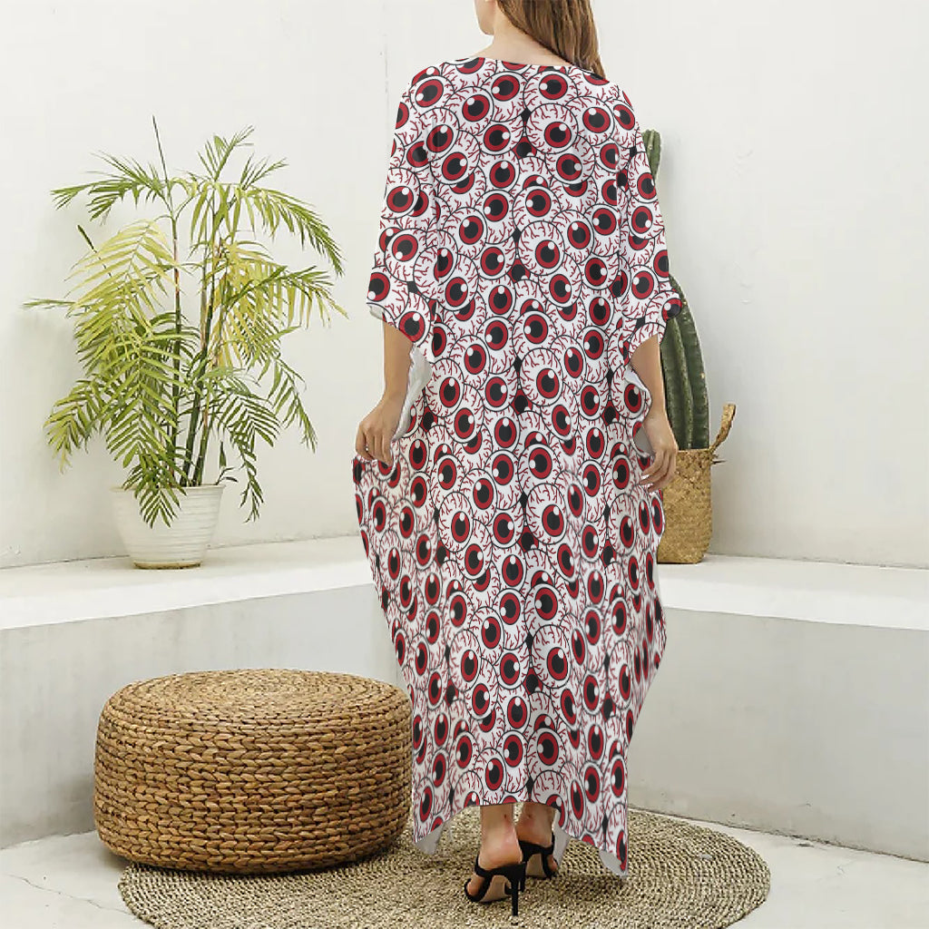 Creepy Red Eyeball Pattern Print Silk V-Neck Kaftan Dress