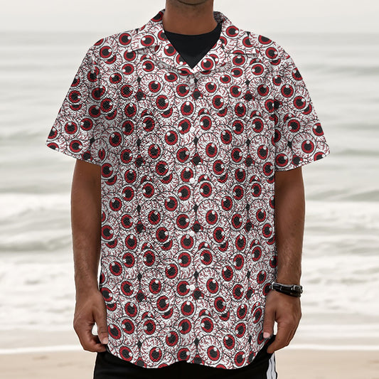 Creepy Red Eyeball Pattern Print Textured Short Sleeve Shirt