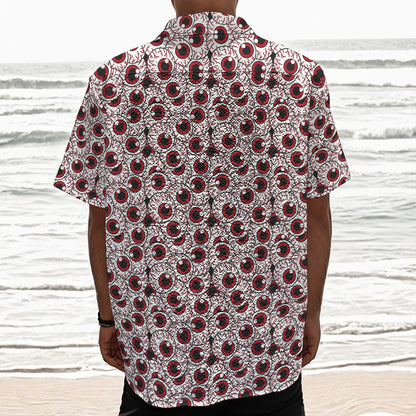 Creepy Red Eyeball Pattern Print Textured Short Sleeve Shirt