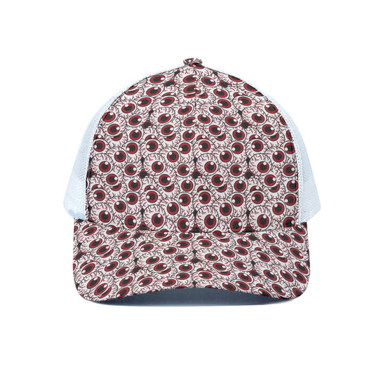 Creepy Red Eyeball Pattern Print White Mesh Trucker Cap