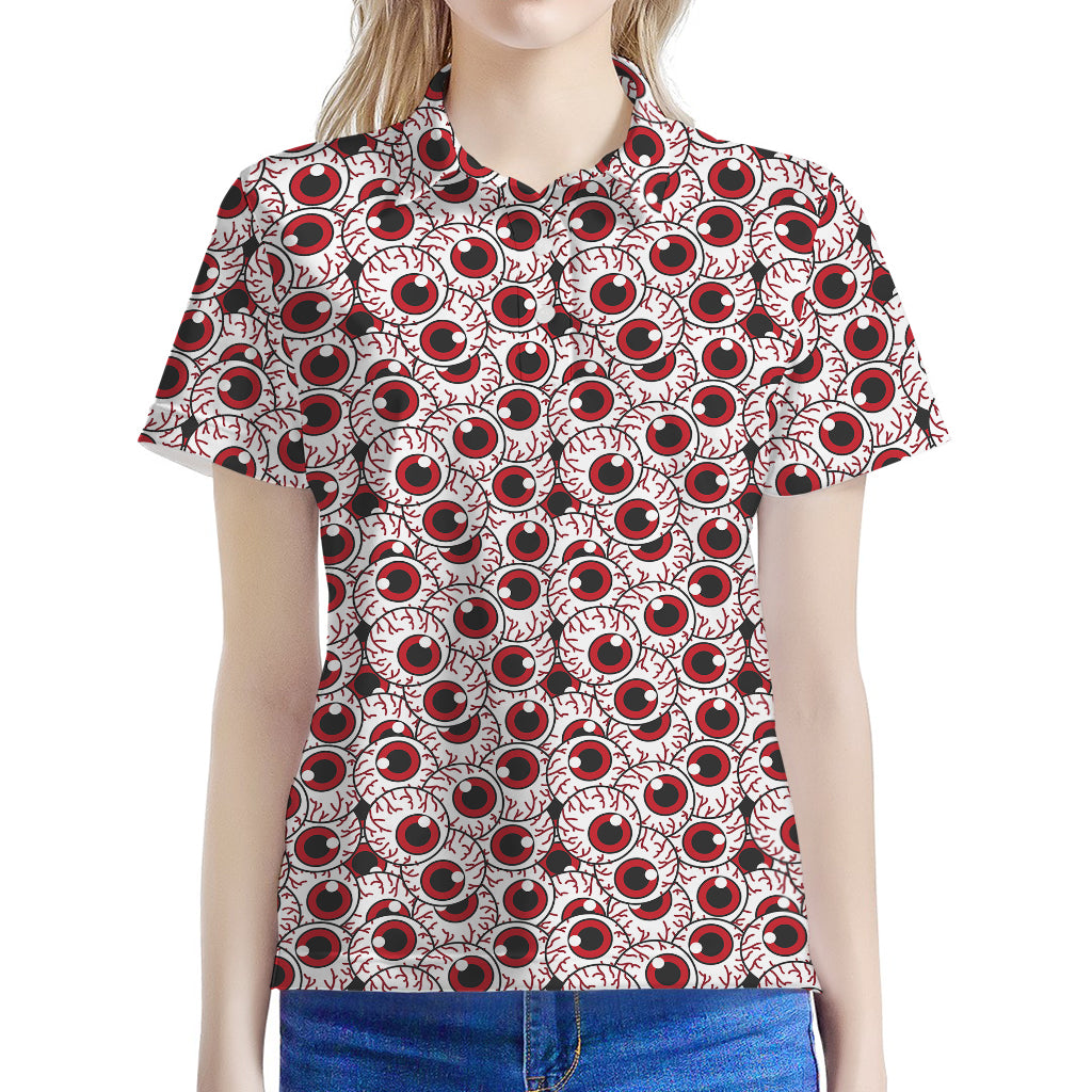 Creepy Red Eyeball Pattern Print Women's Polo Shirt