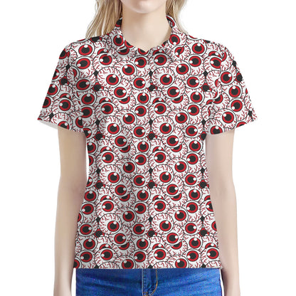Creepy Red Eyeball Pattern Print Women's Polo Shirt