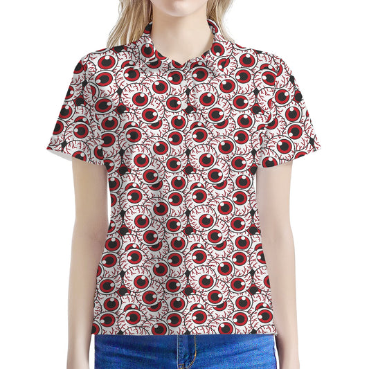Creepy Red Eyeball Pattern Print Women's Polo Shirt