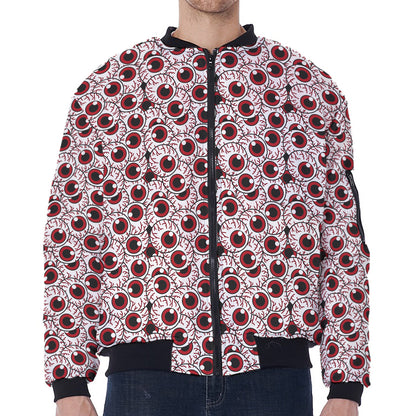 Creepy Red Eyeball Pattern Print Zip Sleeve Bomber Jacket