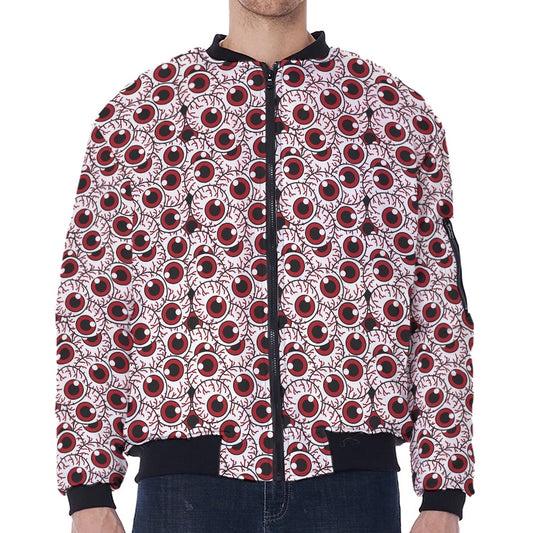 Creepy Red Eyeball Pattern Print Zip Sleeve Bomber Jacket