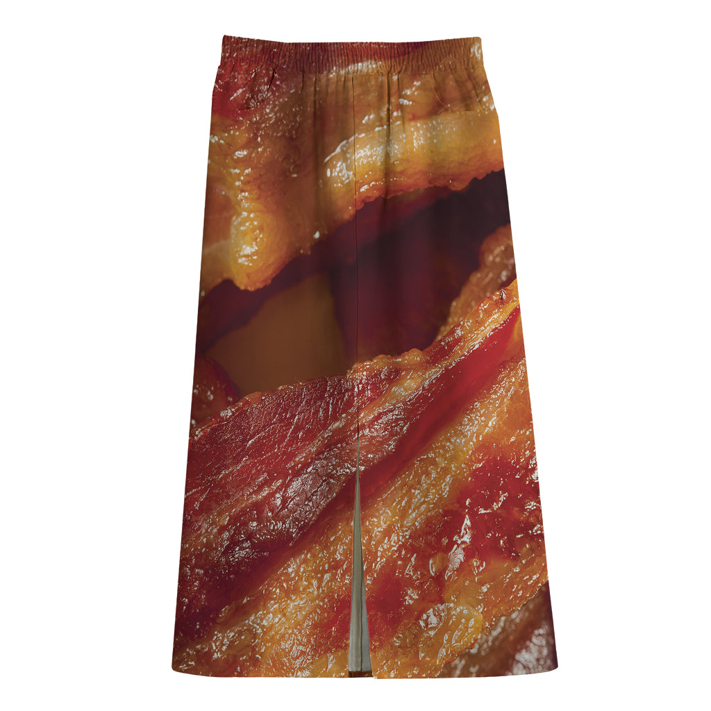 Crispy Bacon Print Cotton Front Slit Maxi Skirt