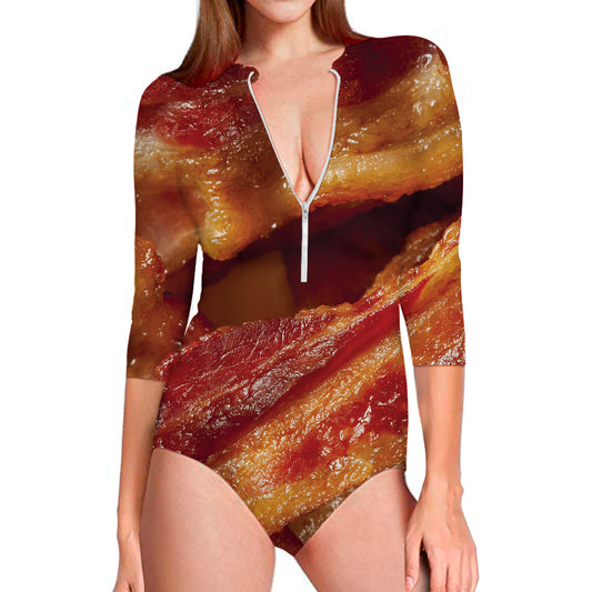 Crispy Bacon Print Long Sleeve Swimsuit