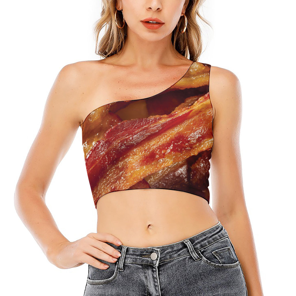 Crispy Bacon Print One Shoulder Crop Top