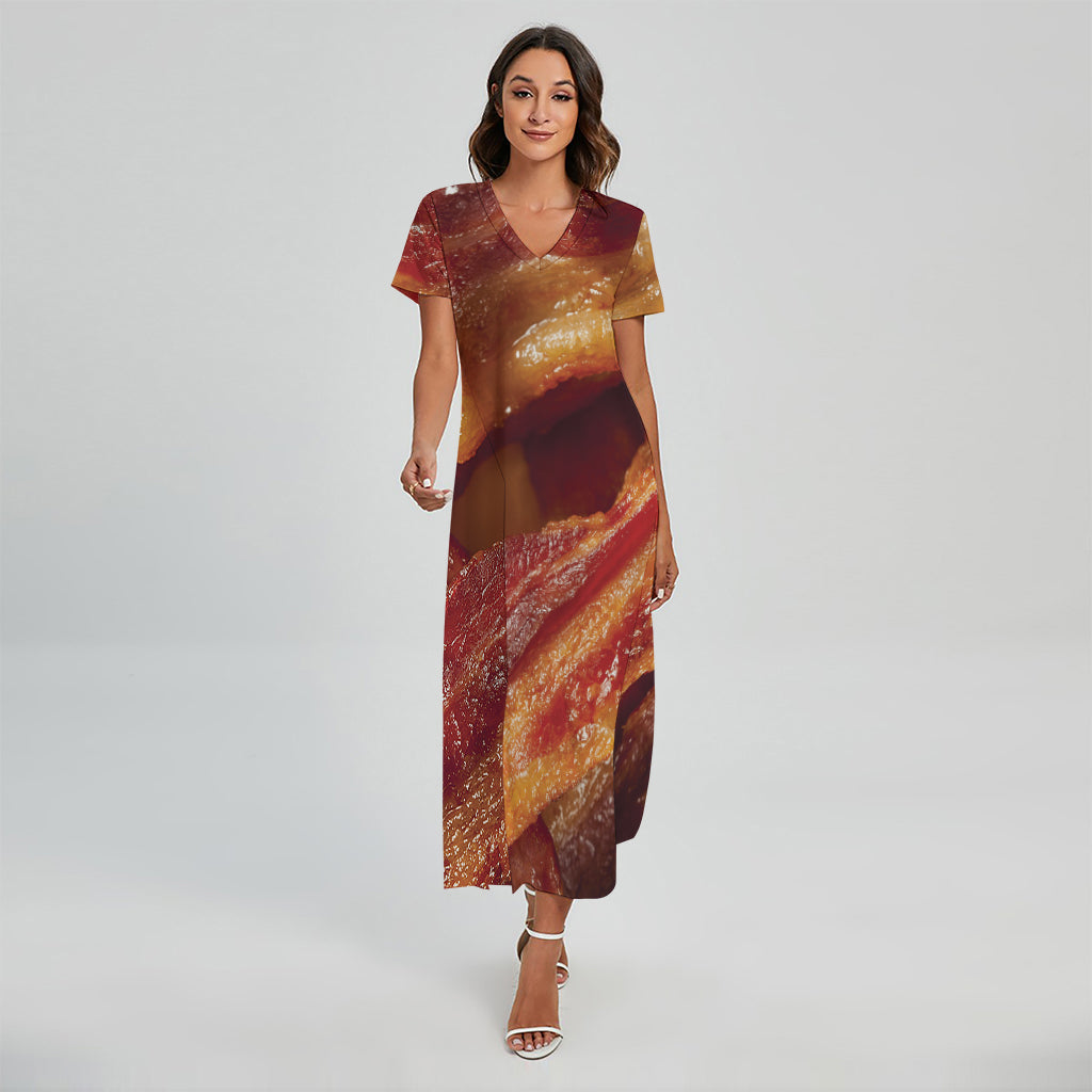 Crispy Bacon Print Short Sleeve Maxi Dress