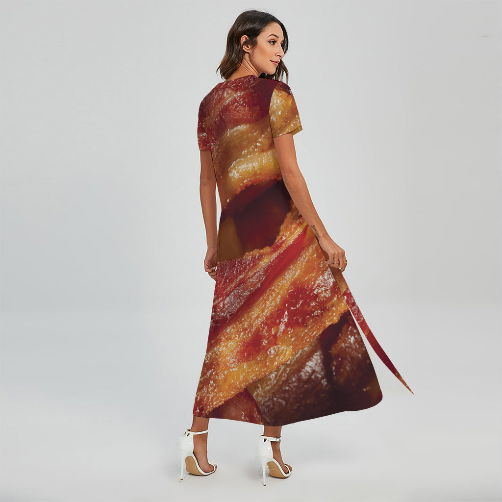 Crispy Bacon Print Short Sleeve Maxi Dress