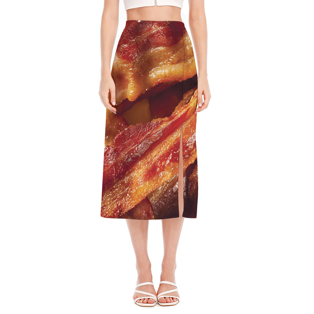 Crispy Bacon Print Side Slit Midi Skirt