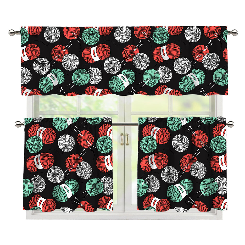 Crochet Yarn Pattern Print 3 Piece Kitchen Curtains