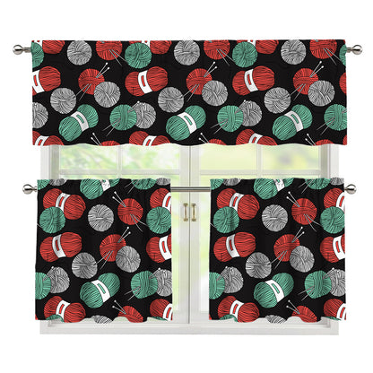 Crochet Yarn Pattern Print 3 Piece Kitchen Curtains