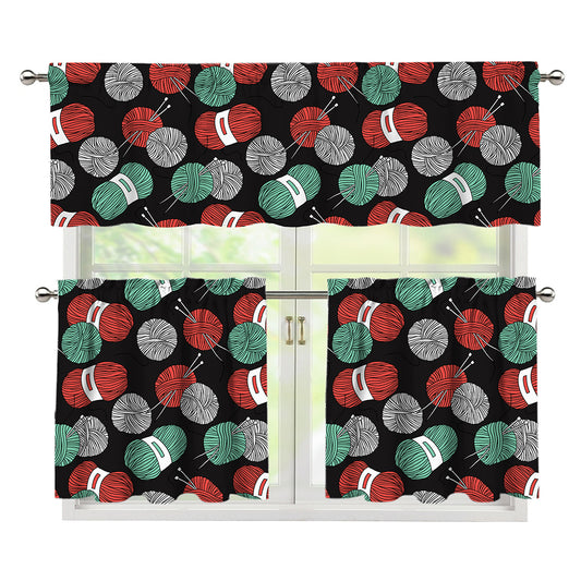 Crochet Yarn Pattern Print 3 Piece Kitchen Curtains