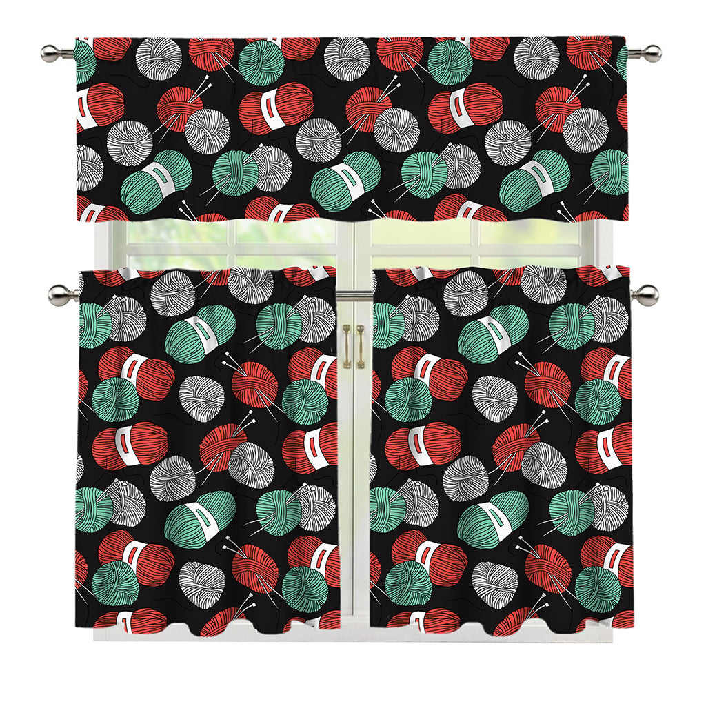Crochet Yarn Pattern Print 3 Piece Kitchen Curtains