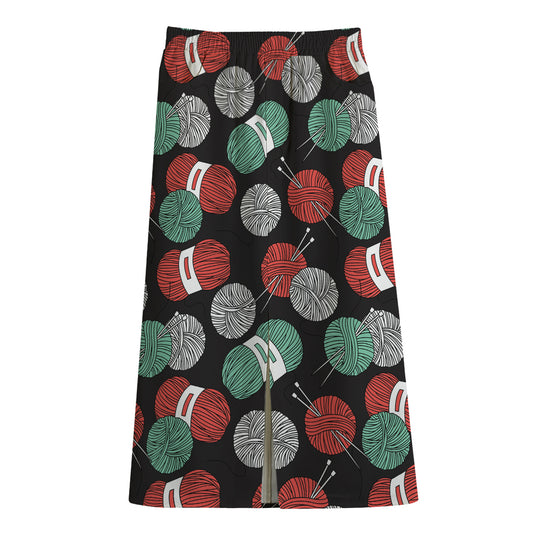 Crochet Yarn Pattern Print Cotton Front Slit Maxi Skirt