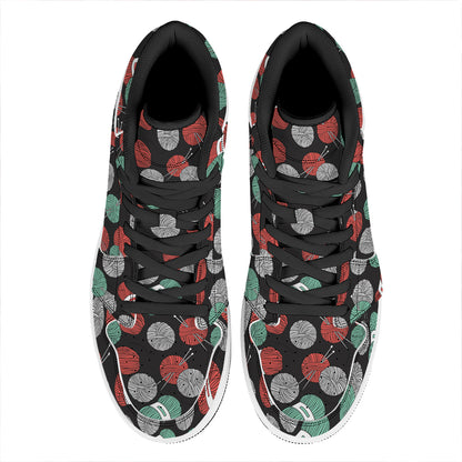 Crochet Yarn Pattern Print High Top Leather Sneakers
