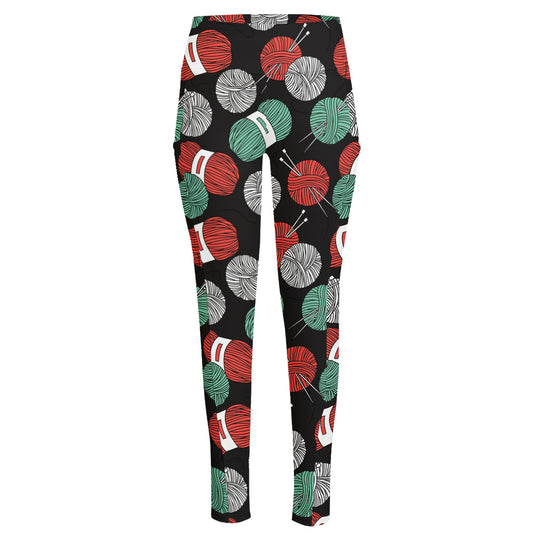 Crochet Yarn Pattern Print High-Waisted Pocket Leggings