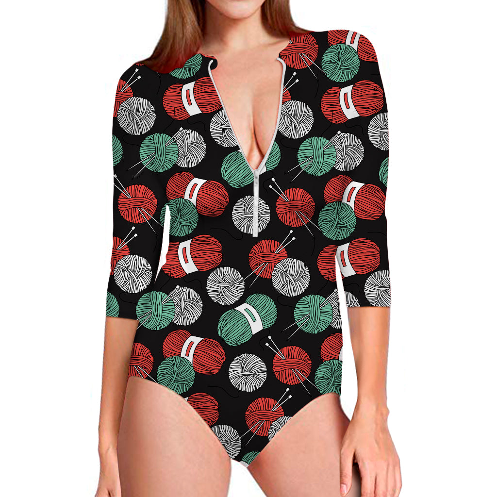 Crochet Yarn Pattern Print Long Sleeve Swimsuit
