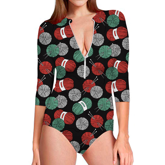 Crochet Yarn Pattern Print Long Sleeve Swimsuit