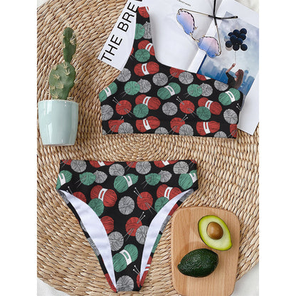 Crochet Yarn Pattern Print One Shoulder Bikini Top