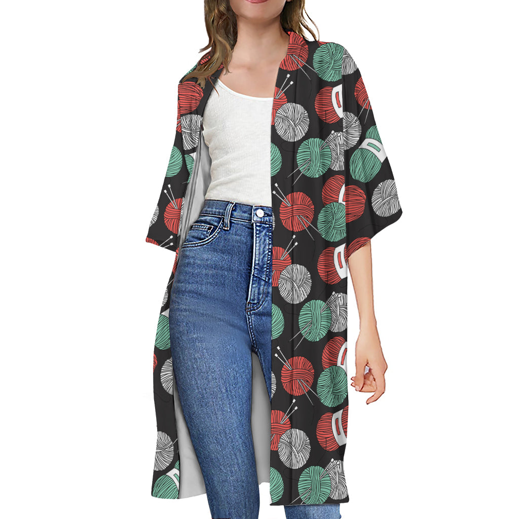 Crochet Yarn Pattern Print Open Front Beach Cover Up