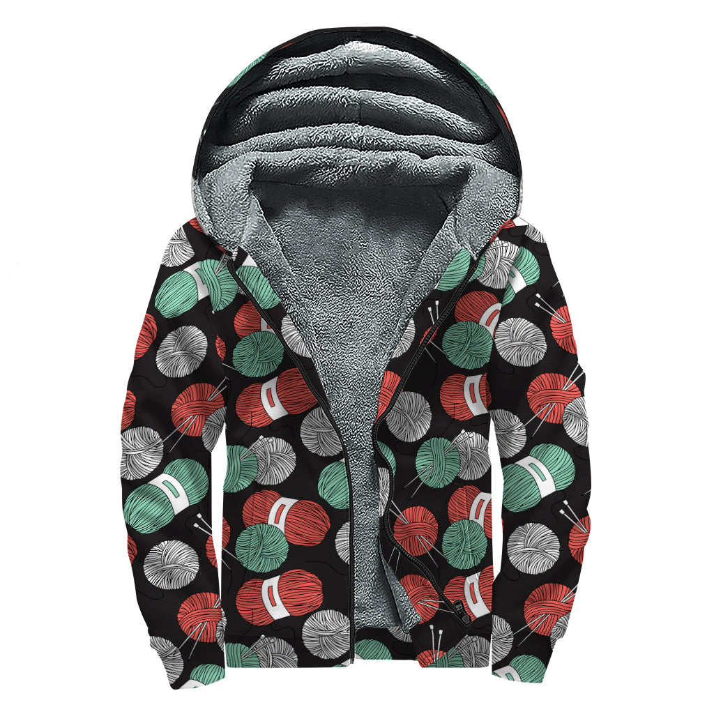 Crochet Yarn Pattern Print Sherpa Lined Zip Up Hoodie
