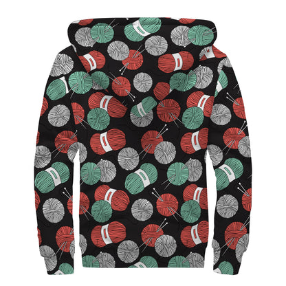 Crochet Yarn Pattern Print Sherpa Lined Zip Up Hoodie