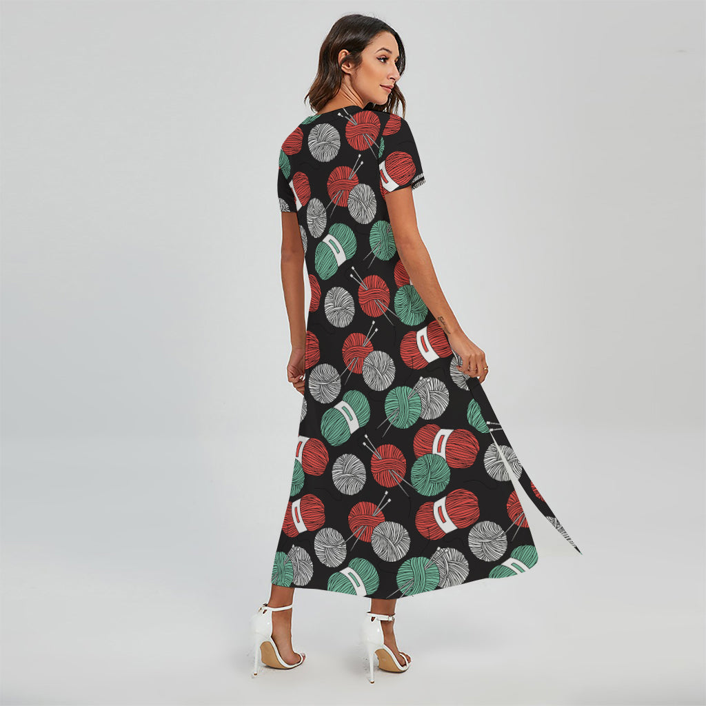 Crochet Yarn Pattern Print Short Sleeve Maxi Dress