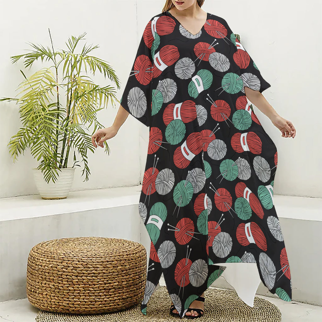 Crochet Yarn Pattern Print Silk V-Neck Kaftan Dress